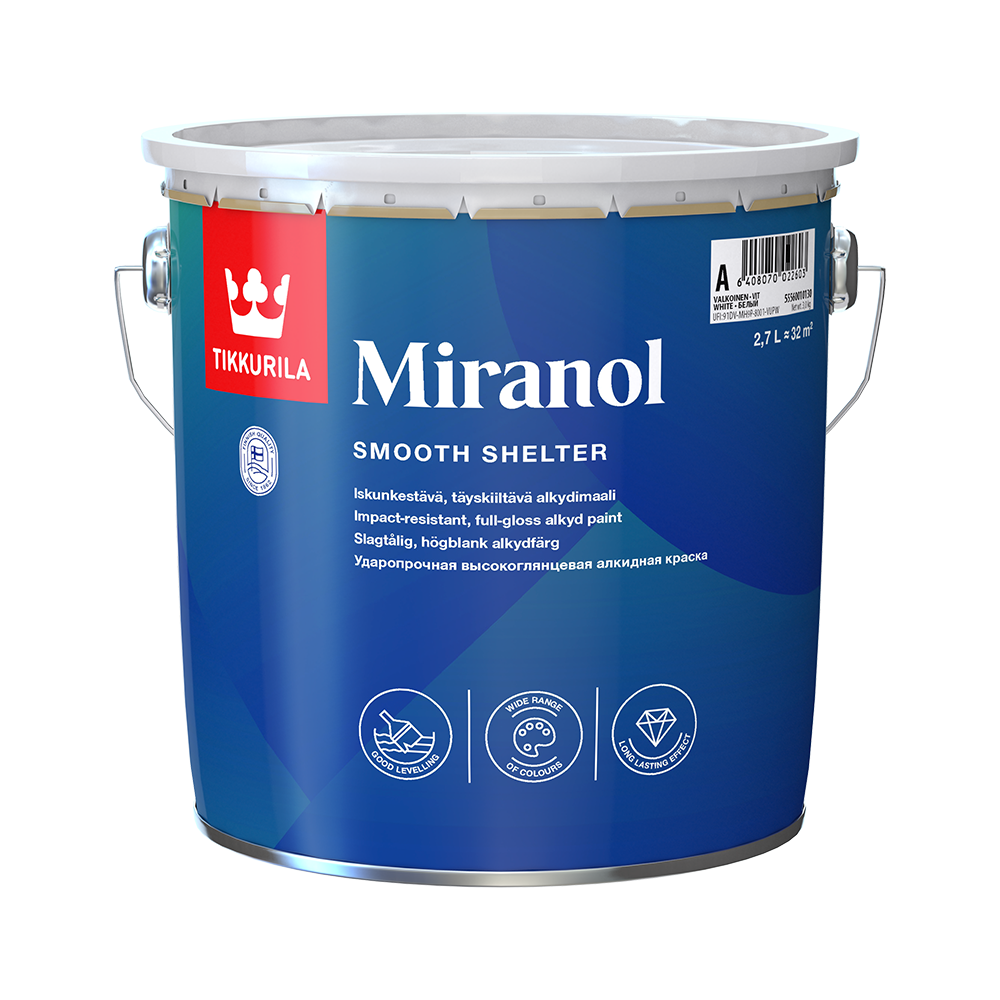 Емаль TIKKURILA алкідна Miranol база A білий високий глянець 2,7 л